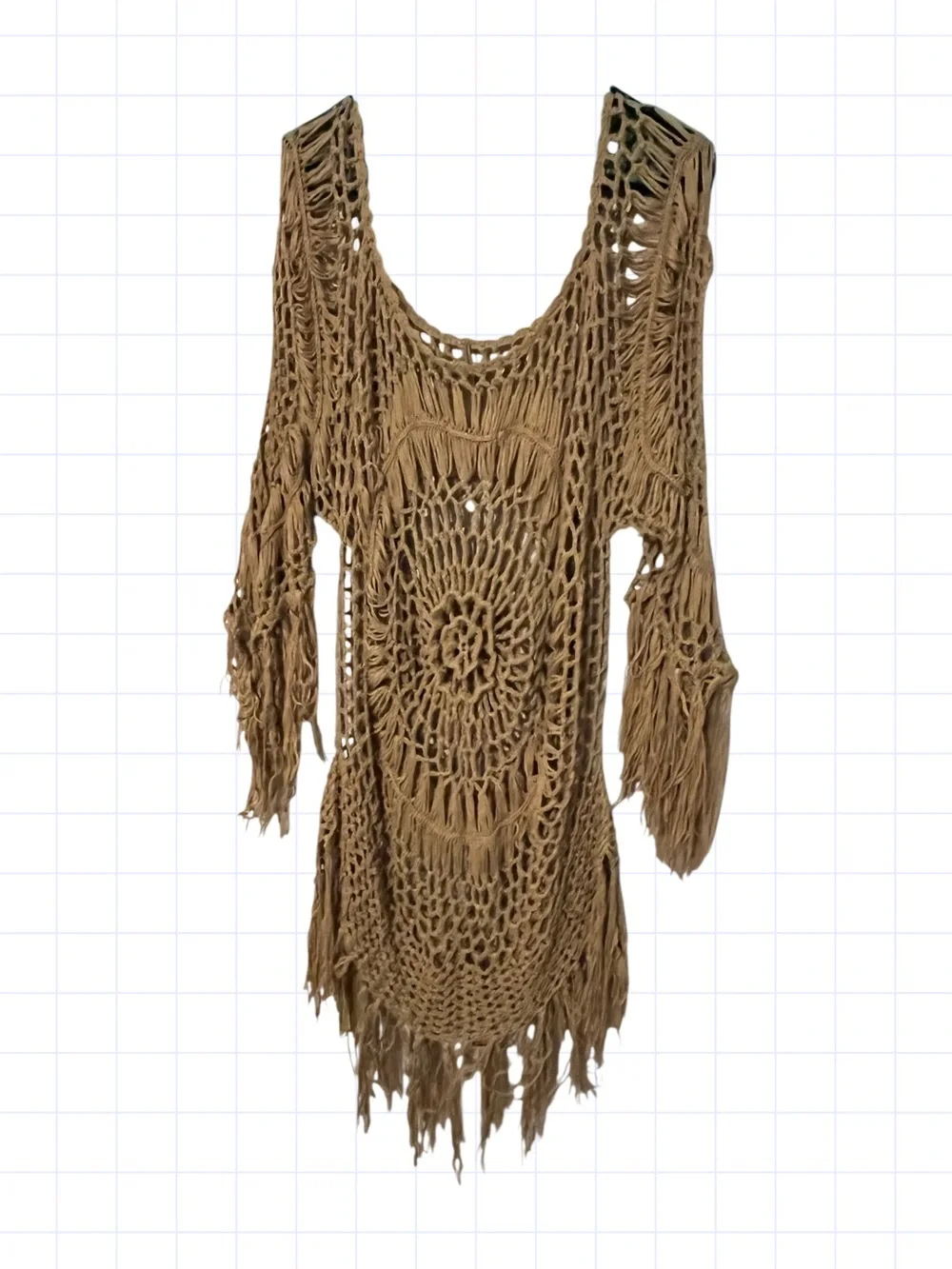 Plus size Hand-Crocheted Boho Fringe Tunic Sweater in Camel - Picture 1 of 8